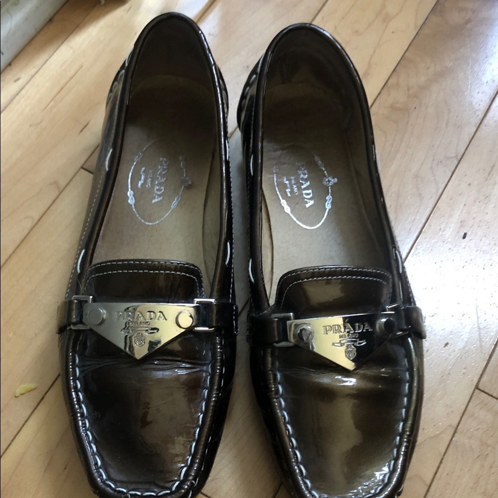 Prada Brown Patent Leather Loafers with Silver-Tone Plaque